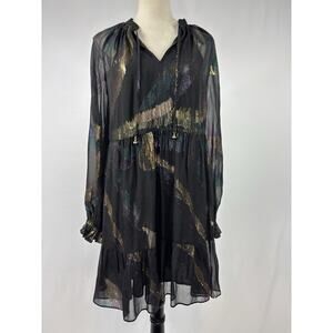 Trina Turk Rhapsodic Long Sleeve Dress Black Gold Metallic Print Medium Sheer